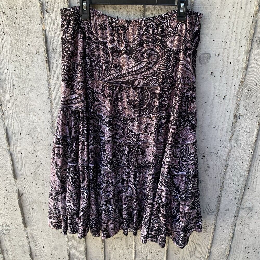 Women's Tiered Hanky Hem Midi Skirt Paisley Mesh Sheer Elastic Waist Boho L